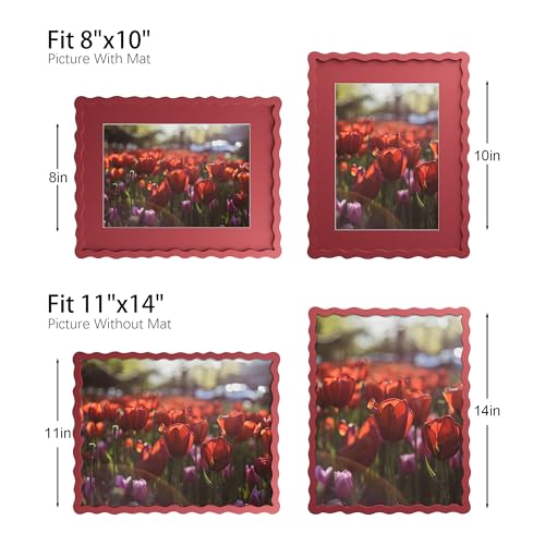 THKRLOF 11x14 Picture Frame with Mat for 8x10, Wavy Edge Wooden Real Glass Photo Frame for Wall Hanging, Red, 1 Pack - Image 4