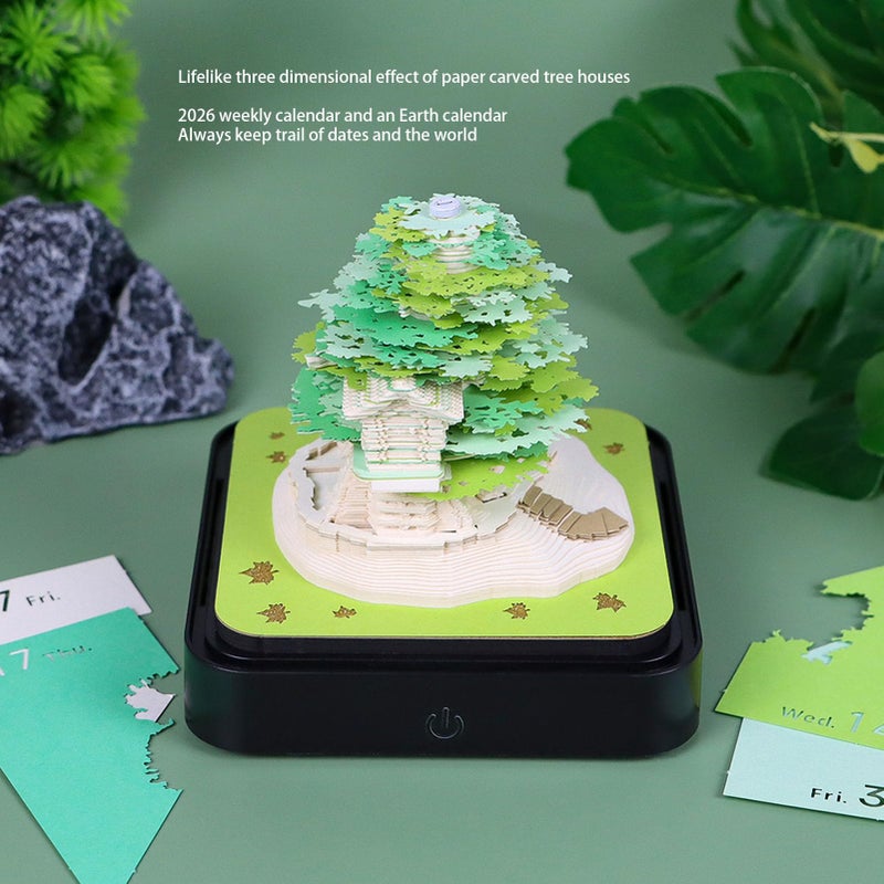 Green 3D Tree House Memo Pad 2026 Weekly Earth Desk Calendar Hand Torn Paper Sculpture Notepad - Image 3
