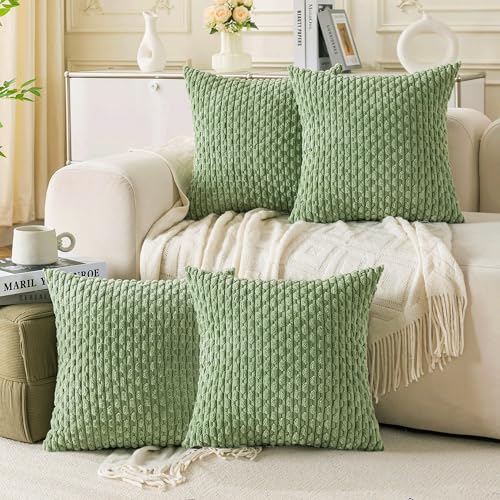 Cozoomy Set of 4 Sage Green Decorative Throw Pillow Covers 18x18 Inch Corduroy Pillow Covers for Bed Couch Sofa Living Room Soft Square Cushion Cases - Image 1