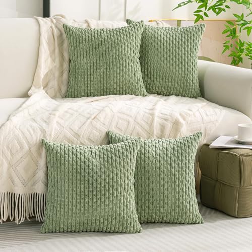 Cozoomy Set of 4 Sage Green Decorative Throw Pillow Covers 18x18 Inch Corduroy Pillow Covers for Bed Couch Sofa Living Room Soft Square Cushion Cases - Image 2