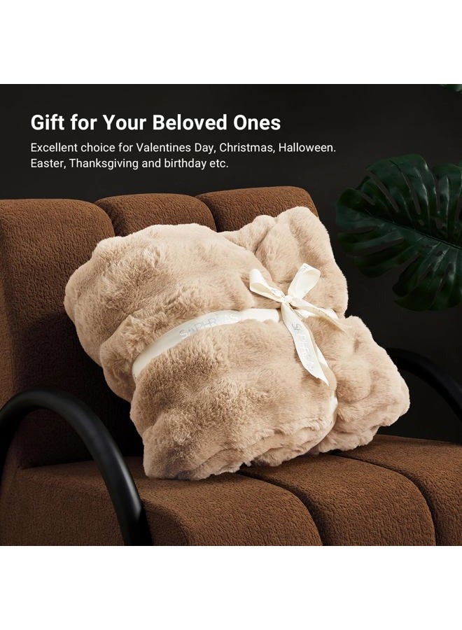 SAPHREAS Faux Fur Throw Blanket for Couch, Fluffy Fuzzy Bubble Blanket for Sofa Bed Living Room, Decor Soft Cozy Gifts for Women Men, 50x60” Khaki - Image 2