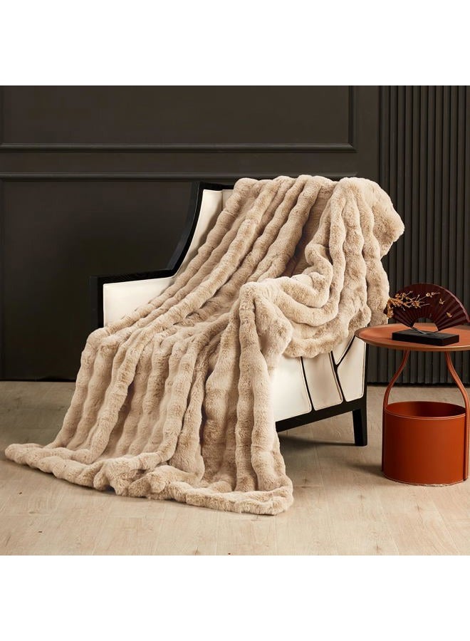 SAPHREAS Faux Fur Throw Blanket for Couch, Fluffy Fuzzy Bubble Blanket for Sofa Bed Living Room, Decor Soft Cozy Gifts for Women Men, 50x60” Khaki - Image 1