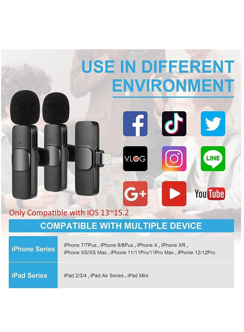 Wireless Microphone for iPad- Plug-Play Wireless Lavalier Mic with 2 Microphone for Phone Video Recording- Interview- Vlog- Auto Sync and Noise Reduction- 2.4G, Black (ELT-IOS) - Image 2