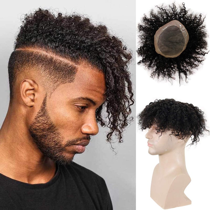 Voloria Toupee for Man Europen Human Hair Replacement Systems Men Hairpiece Mono Lace with PU Around Curly Wig Natural Black Color 10x8