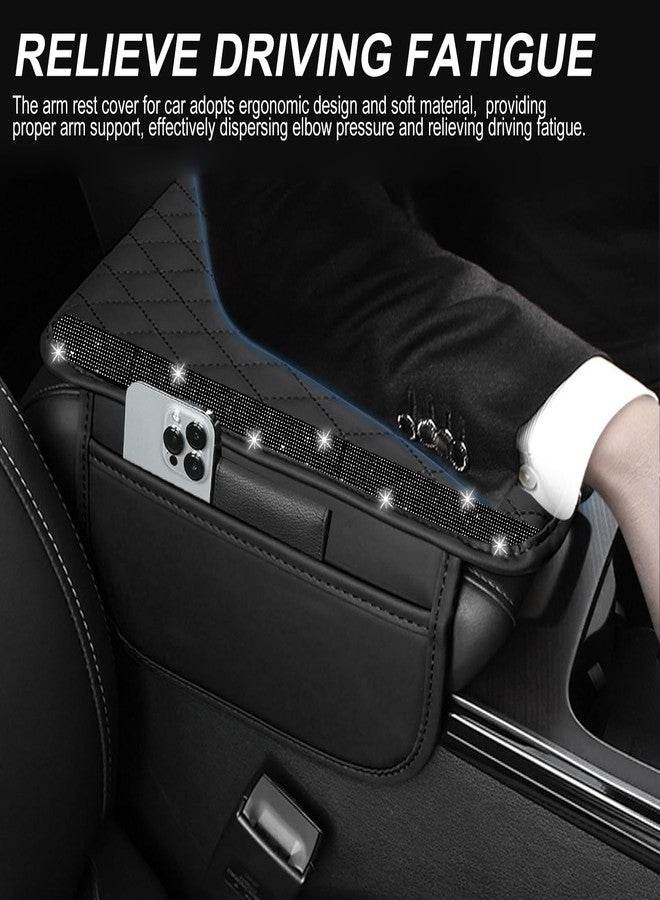 NBTEPEM Bling Car Center Console Cover, Leather Car Arm Rest Cover Cushion with 2 Storage Bags, Universal Car Middle Console Cover Car Interior Accessories for Most Vehicles (Black Diamond) - Image 4