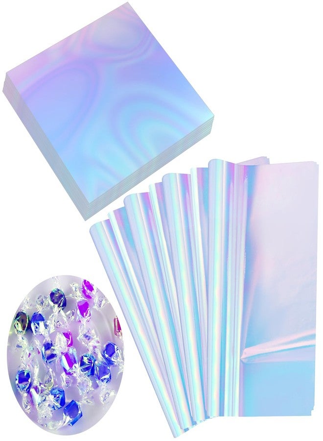 Prudiut 150 Pieces Iridescent Cellophane Sheets Blue Holographic Cellophane Wrap Iridescent Paper for Candy Gift Wraps DIY Crafts Art Lights Window Decoration (9 x 9 Inch) - Image 1
