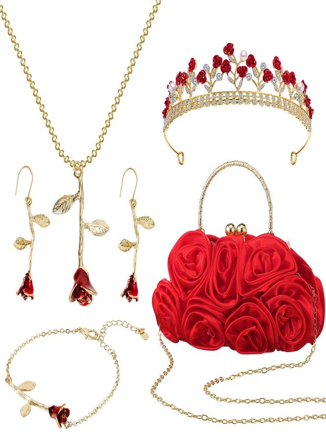 Abbylike 5 Pcs Princess Costume Accessories Set for Women Roses Clutch Purse Rose Crown Red Rose Pendant Necklace Bracelet Earrings for Halloween Cosplay Wedding Party Prom Birthday Gifts - Image 1