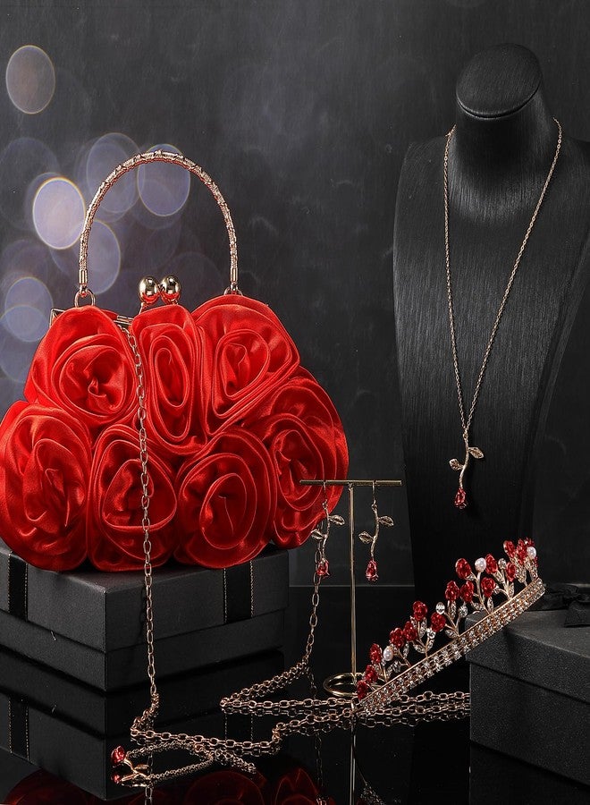 Abbylike 5 Pcs Princess Costume Accessories Set for Women Roses Clutch Purse Rose Crown Red Rose Pendant Necklace Bracelet Earrings for Halloween Cosplay Wedding Party Prom Birthday Gifts - Image 5