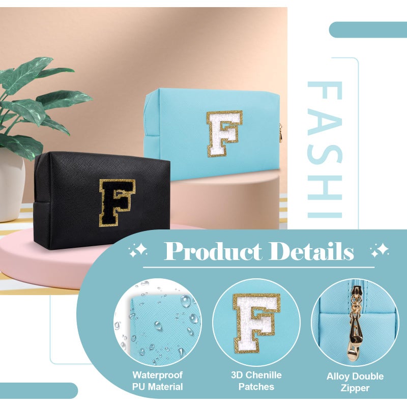 ChaoGreat Small Personalized Initial A-Z Preppy Patch Makeup Bag,PU Chenille Letter Travel Cosmetic Pouch with Zipper,Blue Cute Toiletry Bag,Gift Ideal for Teen Girls Women Teacher Bridesmaid,Letter F - Image 3