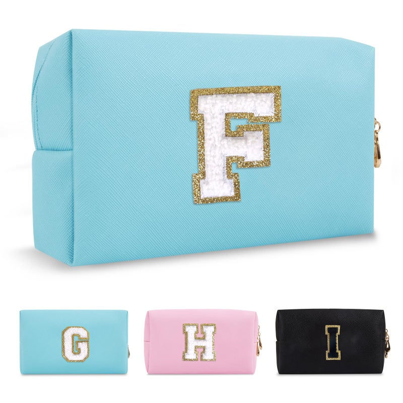 ChaoGreat Small Personalized Initial A-Z Preppy Patch Makeup Bag,PU Chenille Letter Travel Cosmetic Pouch with Zipper,Blue Cute Toiletry Bag,Gift Ideal for Teen Girls Women Teacher Bridesmaid,Letter F - Image 1