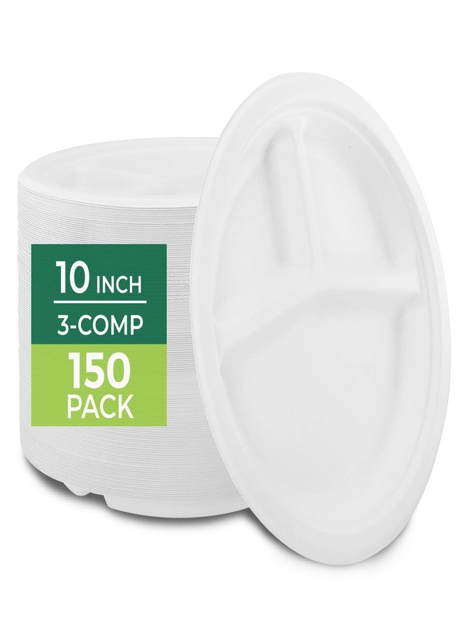 Freshware Paper Plates - Disposable 10" Plate, 150-Pack, Biodegradable Sugarcane Dinner Plates - Heavy Duty Dinnerware - Microwave & Freezer Safe, Stackable Dinnerware - 3-Compartment - Image 1
