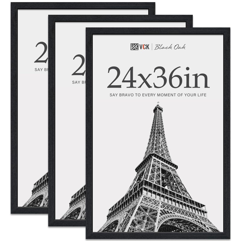 VCK 24x36 Poster Frame Black Oak - 3 Pack, Exclusive Natural Textured Solid Wood Picture Frame, Wall Hanging - Image 1