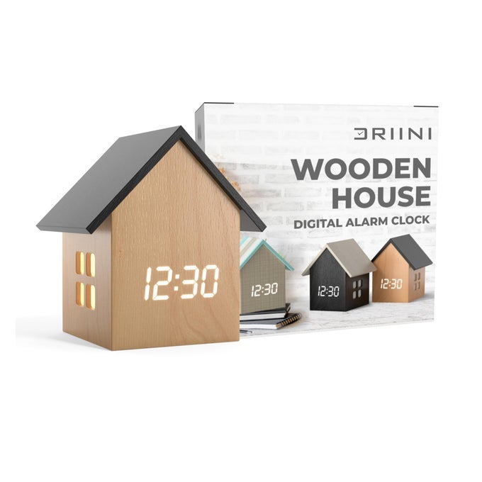 DIGITAL HOUSESHAPED ALARM CLOCK WITH TEMPERATURE DISPLAY LIGHT WOOD MODERN AESTHETIC CUTE CUBE FRAME AND WHITE LED DIMMER PERFECT SMALL DESK CLOCK FOR BEDSIDE TABLE OR BEDROOM MANTLE