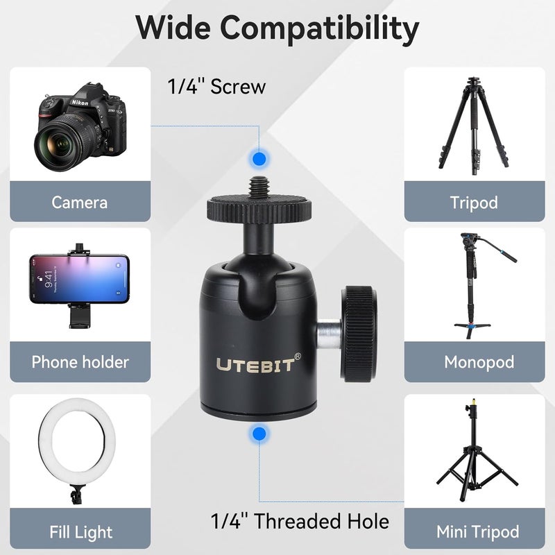 UTEBIT Mini Ball Head with 1/4" hot Shoe, 360° Rotatable Ball Heads Camera Mount Adapter (24mm Ball Head) - Image 3