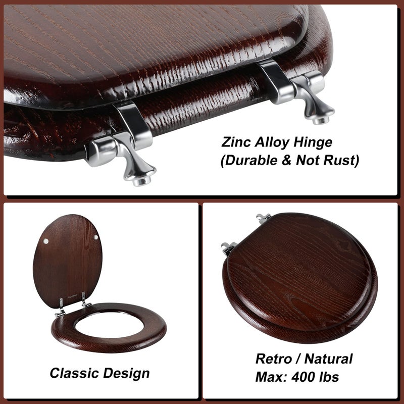 Angel Shield Durable Wood Veneer Natural Toilet Seat Metal Hinged Easy Clean Anti-scratch American Standard(Round,Dark Walnut) - Image 3