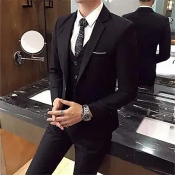 Mens Casual Blazer Set Autumn Winter Slim Fit Fashion Suit Black (Suit Pants) 