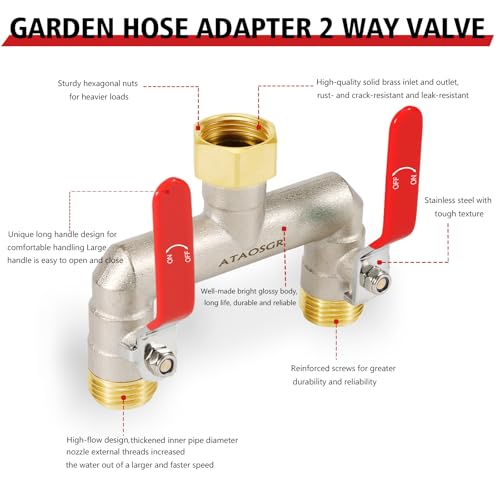 ATAOSGR Garden Hose Splitter, 2 Way Heavy Duty Outdoor Faucet Splitter, Extra Long Handles High Flow Hose Adapter,with Shutoff Valves,3/4" GHT Thread - Image 3