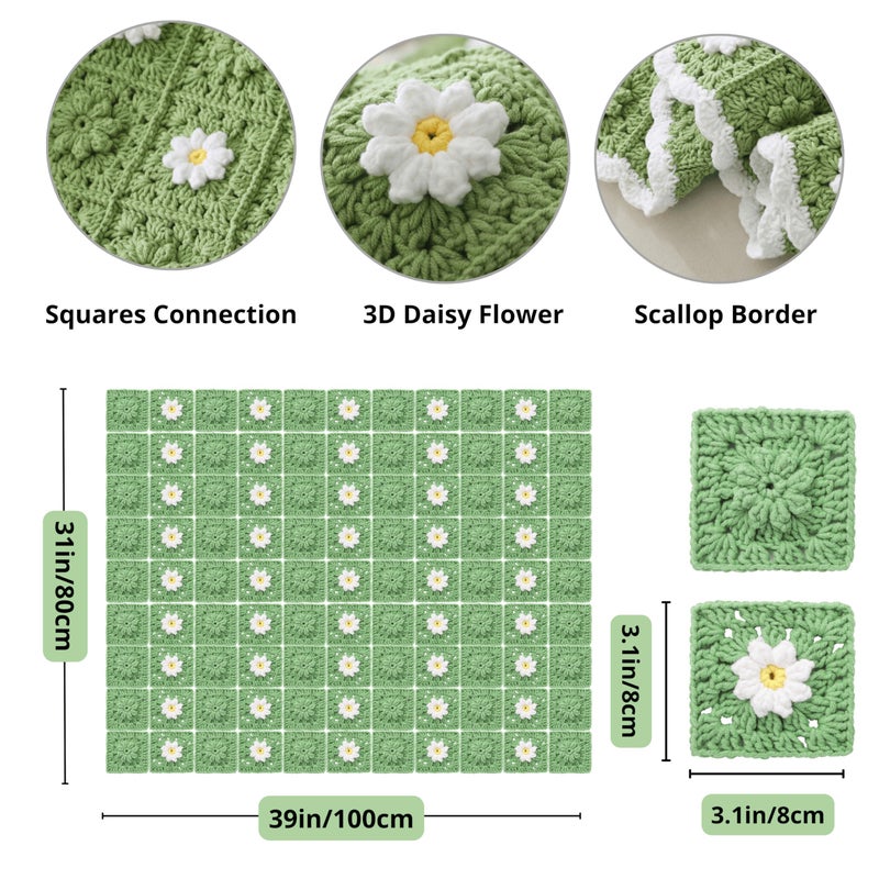 CSWCS Crochet Blanket Kit for Beginners, Daisy Granny Square Throw Kit for Adults, Easy Learn How to Knitting with Yarn & Hook, Complete Starter Set with Step-by-Step Instructions (39" x 31") - Image 4