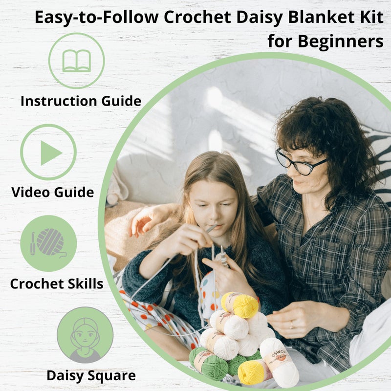 CSWCS Crochet Blanket Kit for Beginners, Daisy Granny Square Throw Kit for Adults, Easy Learn How to Knitting with Yarn & Hook, Complete Starter Set with Step-by-Step Instructions (39" x 31") - Image 3