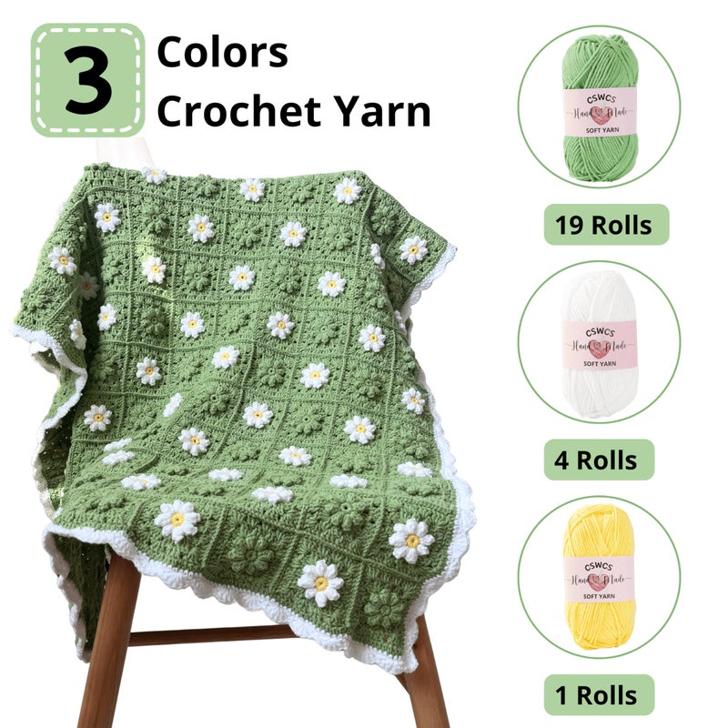 CSWCS Crochet Blanket Kit for Beginners, Daisy Granny Square Throw Kit for Adults, Easy Learn How to Knitting with Yarn & Hook, Complete Starter Set with Step-by-Step Instructions (39" x 31") - Image 5