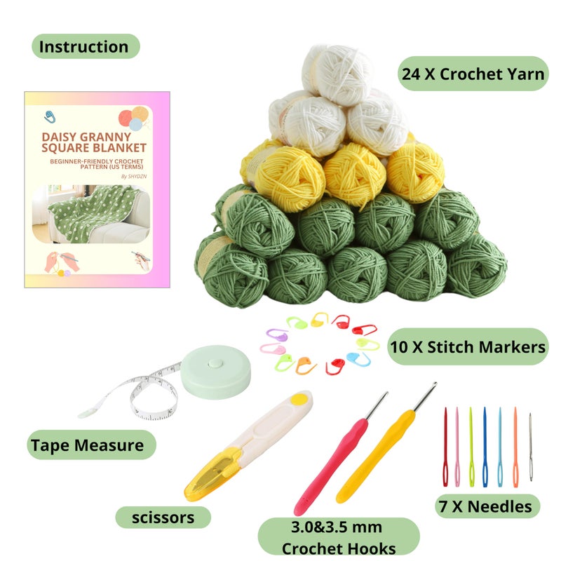 CSWCS Crochet Blanket Kit for Beginners, Daisy Granny Square Throw Kit for Adults, Easy Learn How to Knitting with Yarn & Hook, Complete Starter Set with Step-by-Step Instructions (39" x 31") - Image 2