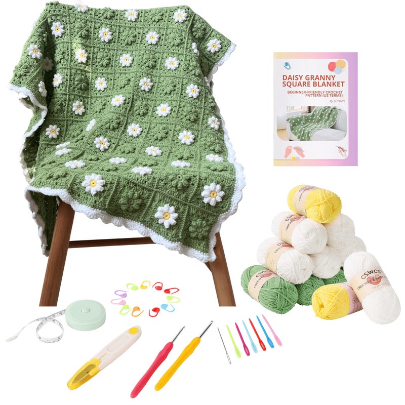 CSWCS Crochet Blanket Kit for Beginners, Daisy Granny Square Throw Kit for Adults, Easy Learn How to Knitting with Yarn & Hook, Complete Starter Set with Step-by-Step Instructions (39" x 31") - Image 1