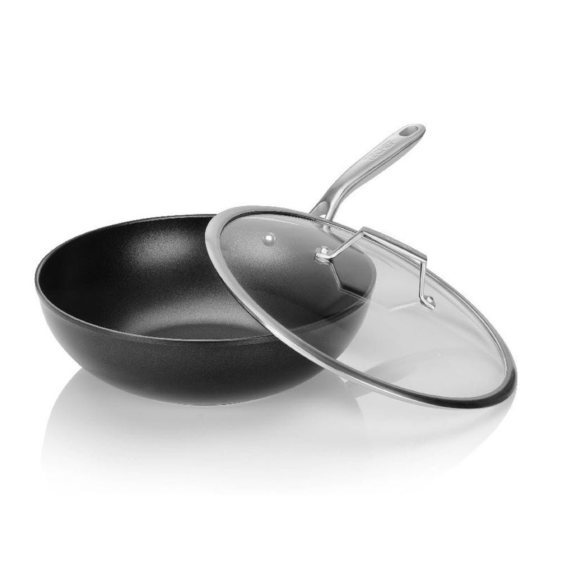 TECHEF  Onyx Collection 12 Nonstick Flat Bottom WokStirFry Pan with Glass Lid PFOA Free Dishwasher and Oven Safe Made in Korea