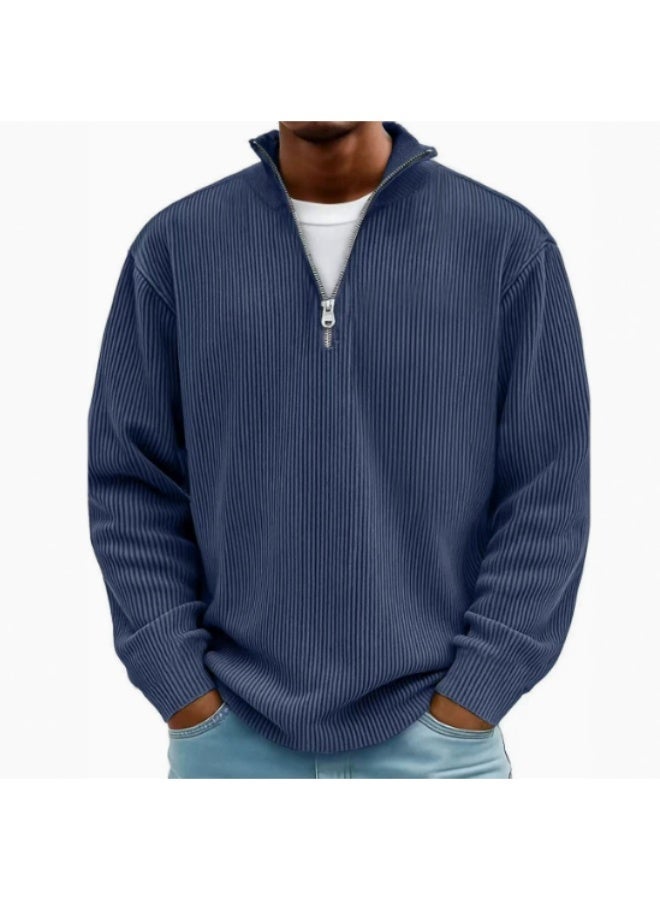 Men's new pullover casual shirt with stand-up collar, zipper, denim long-sleeved polo shirt - Image 1