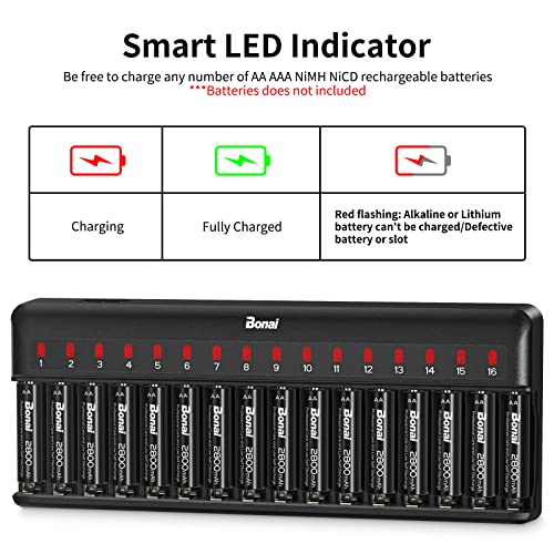 BONAI AA AAA Battery Charger 16 Bay for NiMH NiCD Rechargeable Batteries Independent Control with LED Light and Standard American AC Charging Plug, Battery not Included - Black - Image 2