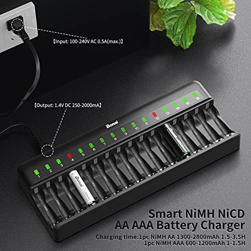 BONAI AA AAA Battery Charger 16 Bay for NiMH NiCD Rechargeable Batteries Independent Control with LED Light and Standard American AC Charging Plug, Battery not Included - Black - Image 5