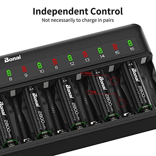 BONAI AA AAA Battery Charger 16 Bay for NiMH NiCD Rechargeable Batteries Independent Control with LED Light and Standard American AC Charging Plug, Battery not Included - Black - Image 3