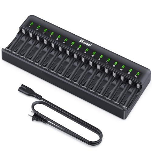 BONAI AA AAA Battery Charger 16 Bay for NiMH NiCD Rechargeable Batteries Independent Control with LED Light and Standard American AC Charging Plug, Battery not Included - Black - Image 1