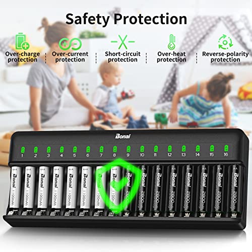 BONAI AA AAA Battery Charger 16 Bay for NiMH NiCD Rechargeable Batteries Independent Control with LED Light and Standard American AC Charging Plug, Battery not Included - Black - Image 4