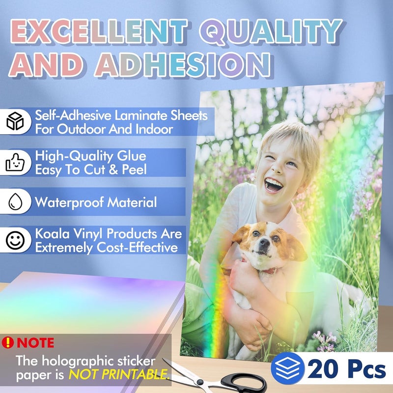 Koala Holographic Laminate Sheets A4 Holographic Sticker Paper,20 Sheets Self Adhesive Waterproof Holographic Transparent Film,11.7X 8.3 Inch - Image 2