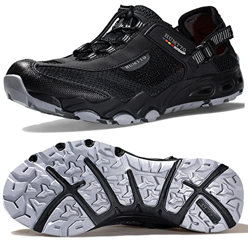 HUMTTO Men's Amphibious Water Shoes - Outdoor Hiking Sandals for Men Summer Non-Slip Quick Drying Water Sandals River Shoes 9-9.5 Black/Grey - Image 1