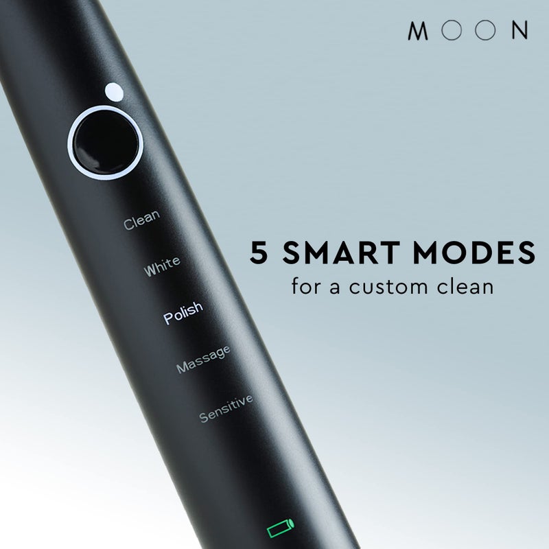MOON Sonic Electric Toothbrush for Adults & Teens, Black, 5 Smart Modes, Clean, White, Massage, Polish & Sensitive, Rechargeable with Travel Case & 2 Brush Heads, Industry-Leading 6 Week Charge - Image 3