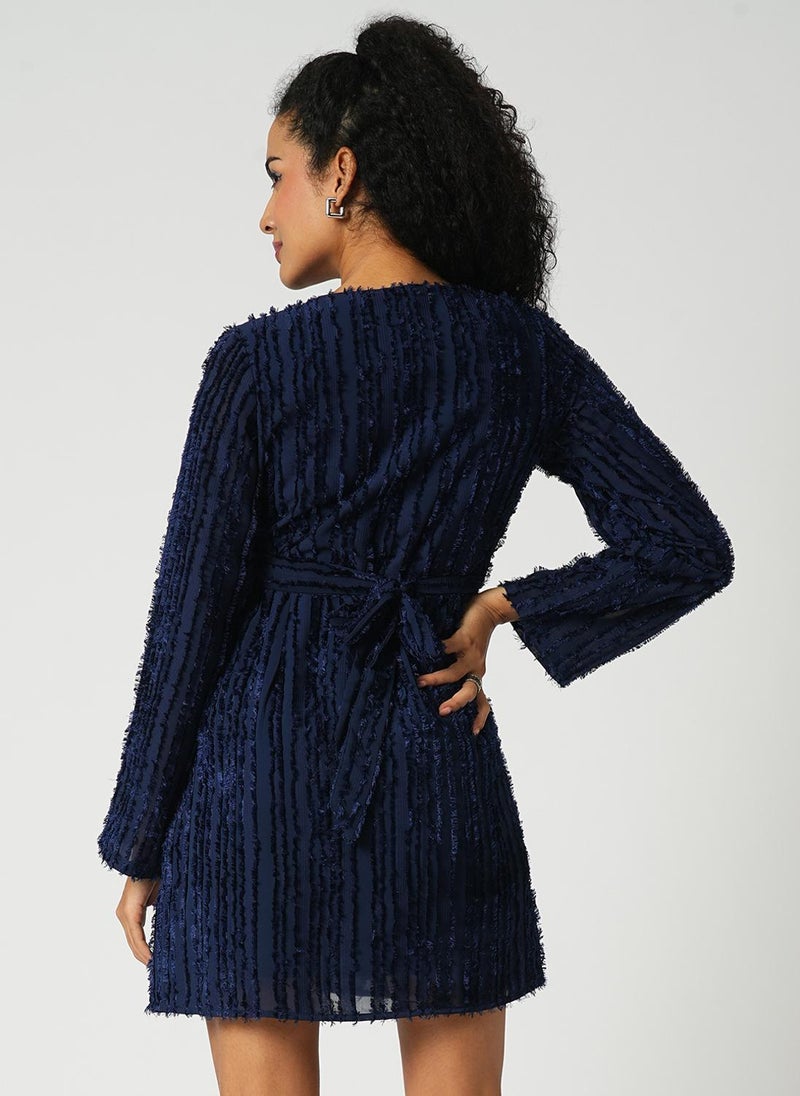 Globus Women's Navy Blue Self Design Mini Party Dress with Wrap-Neck and Long Sleeves - Image 4