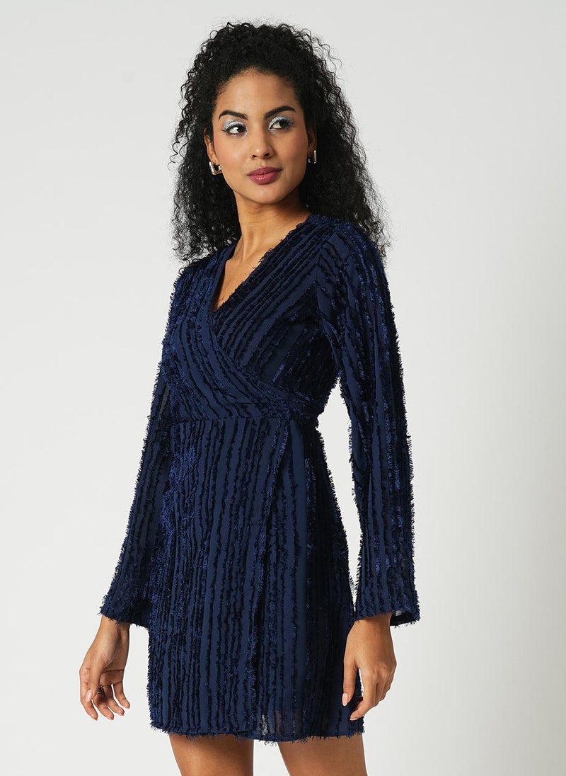 Globus Women's Navy Blue Self Design Mini Party Dress with Wrap-Neck and Long Sleeves - Image 3