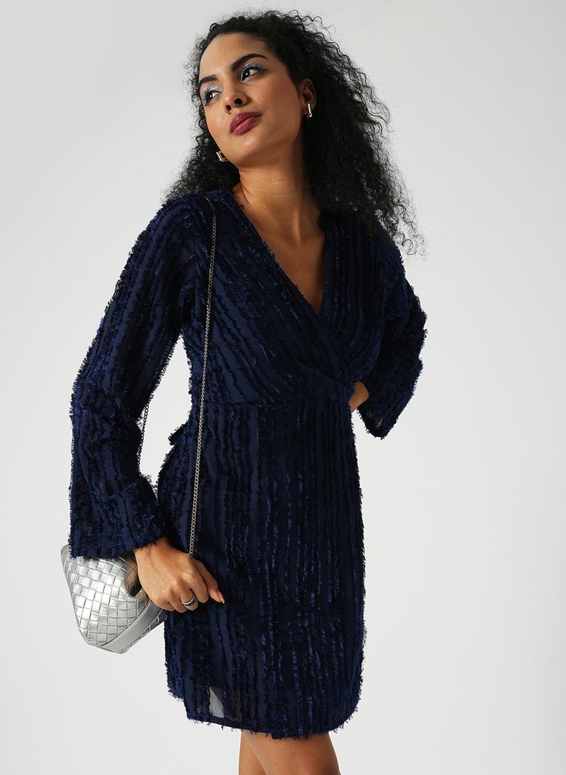 Globus Women's Navy Blue Self Design Mini Party Dress with Wrap-Neck and Long Sleeves - Image 1