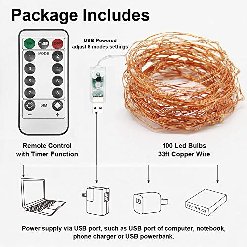 Twinkle Star 33ft 100LED Copper Wire String Lights Fairy String Lights 8 Modes USB Powered with Remote Control for Wedding Party Home Christmas Decoration, Warm White - Image 5