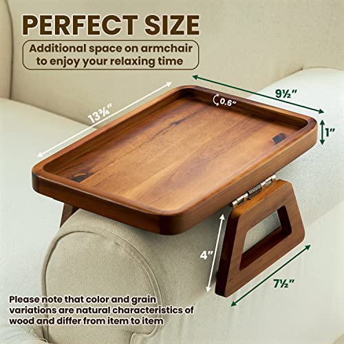 Tinamo 13.75" x 9.5" Acacia Couch Arm Table, Wooden Sofa Arm Tray, Armrest Table for Couch Wooden Sofa Armrest Tray, Clip-on Tray for Wide Couch - Side Table for Eating & Drink, Snack, Phone, Remote - Image 2