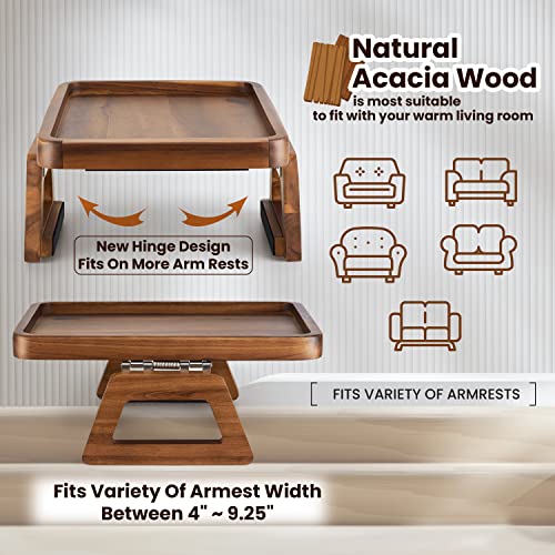 Tinamo 13.75" x 9.5" Acacia Couch Arm Table, Wooden Sofa Arm Tray, Armrest Table for Couch Wooden Sofa Armrest Tray, Clip-on Tray for Wide Couch - Side Table for Eating & Drink, Snack, Phone, Remote - Image 3
