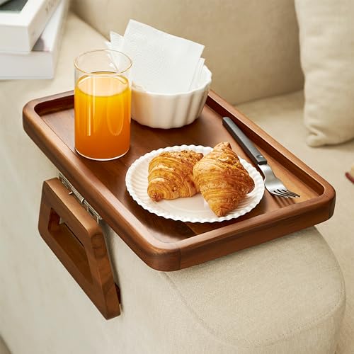 Tinamo 13.75" x 9.5" Acacia Couch Arm Table, Wooden Sofa Arm Tray, Armrest Table for Couch Wooden Sofa Armrest Tray, Clip-on Tray for Wide Couch - Side Table for Eating & Drink, Snack, Phone, Remote - Image 1