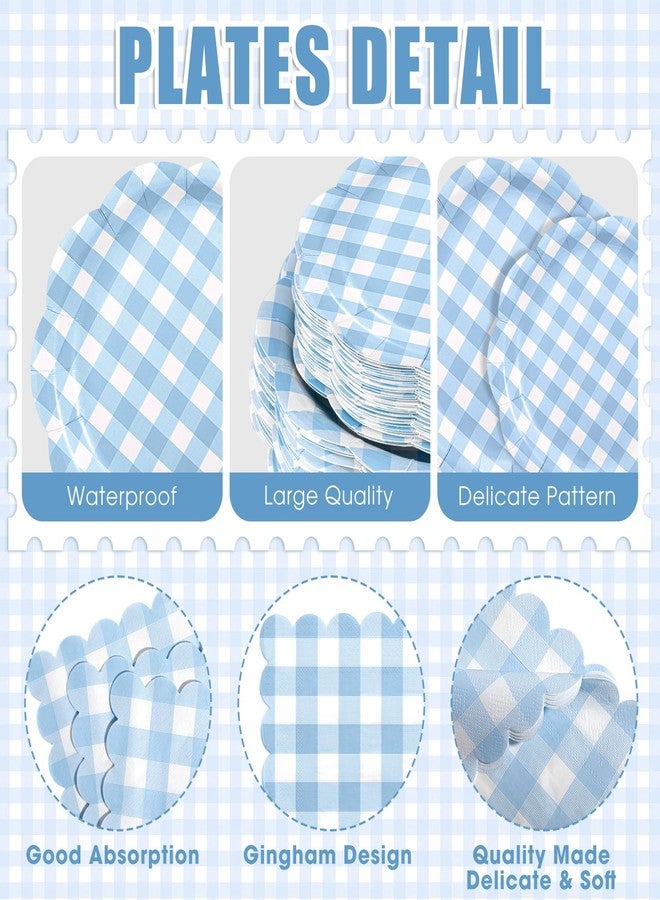 Funnymoom 400 Pcs Gingham Party Supplies for 50 Guests Light Blue and White Paper Plates and Napkins Knives Spoon Fork Cup Disposable Checkered Dinner Party Set Cutlery for Baby Shower Wedding Favor - Image 2