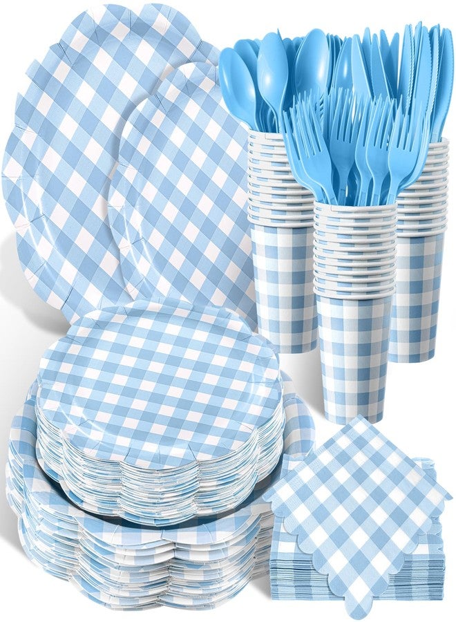 Funnymoom 400 Pcs Gingham Party Supplies for 50 Guests Light Blue and White Paper Plates and Napkins Knives Spoon Fork Cup Disposable Checkered Dinner Party Set Cutlery for Baby Shower Wedding Favor - Image 1