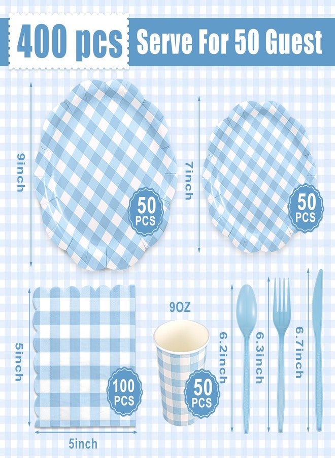 Funnymoom 400 Pcs Gingham Party Supplies for 50 Guests Light Blue and White Paper Plates and Napkins Knives Spoon Fork Cup Disposable Checkered Dinner Party Set Cutlery for Baby Shower Wedding Favor - Image 3