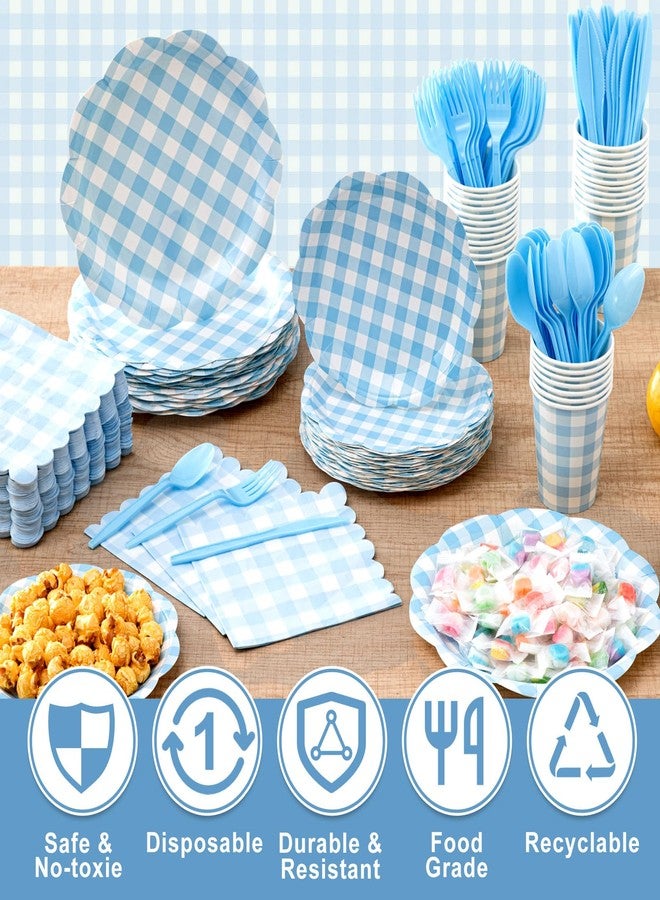 Funnymoom 400 Pcs Gingham Party Supplies for 50 Guests Light Blue and White Paper Plates and Napkins Knives Spoon Fork Cup Disposable Checkered Dinner Party Set Cutlery for Baby Shower Wedding Favor - Image 5