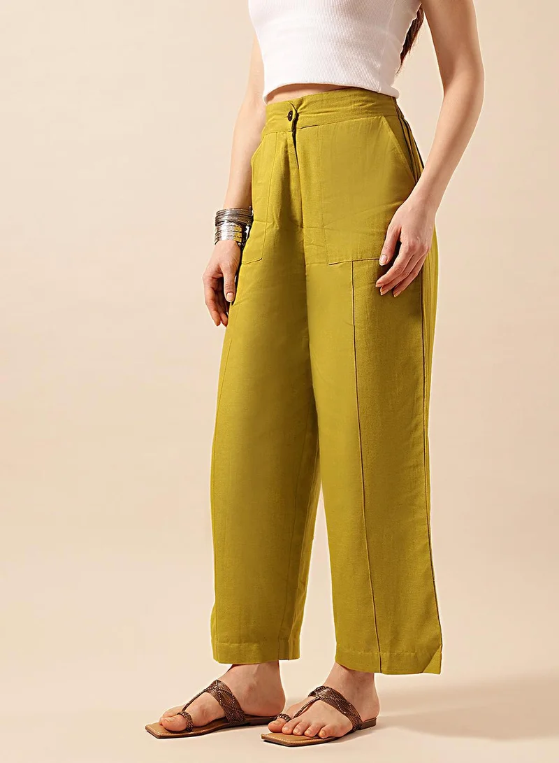 ISHIN  Olive Poly Blend Solid Print Full Length Palazzo Flared Trouser For Women for Women | Best Price UAE
