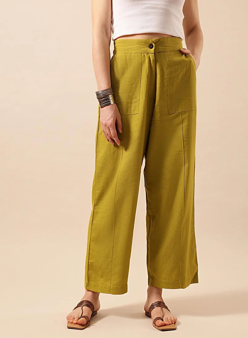 ISHIN  Olive Poly Blend Solid Print Full Length Palazzo Flared Trouser For Women for Women | Best Price UAE