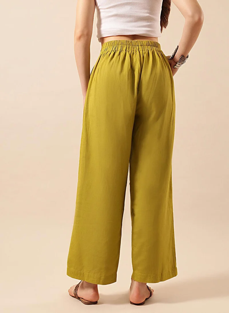 ISHIN  Olive Poly Blend Solid Print Full Length Palazzo Flared Trouser For Women for Women | Best Price UAE